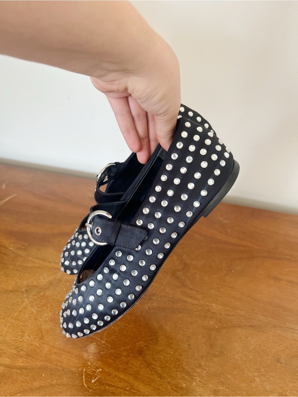 Reformation • Bethany Ballet Flat mary jane black silk rhinestone crystal stud - Picture 10 of 14